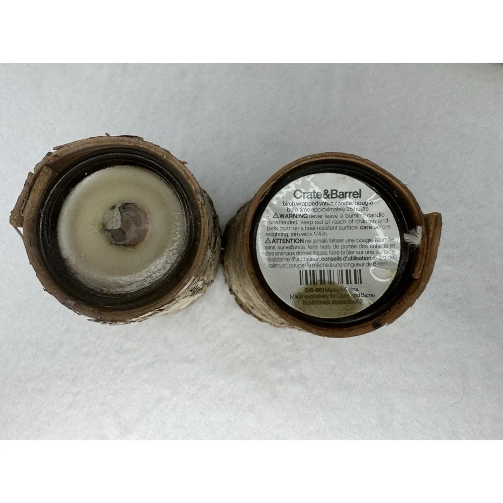 Crate & Barrel Birch Wrapped Votive Candles‎ Lot of 2 Rustic Wood Candles NEW
